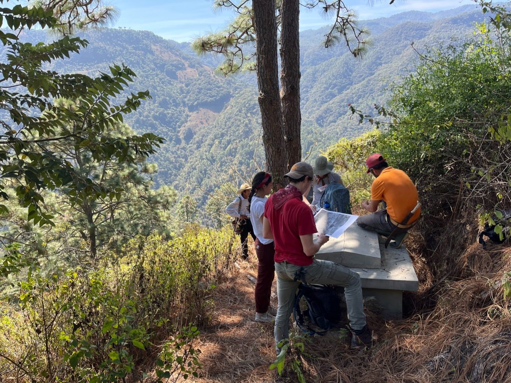 Members of tue Geomechanics and Damage Group on the side of a mountain examining materials.