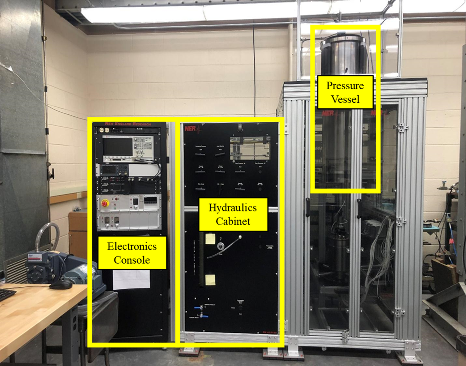 Showing the entire NER HPHT system including the electronics console, hydraulics cabinet, and pressure vessel
