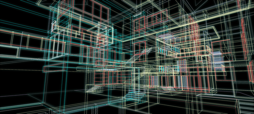 architecture design concept 3d perspective wire frame colorful  rendering with black background